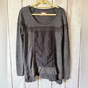 Anthropologie Meadow Rue Gray Lace Crochet Ruffle Long Sleeve Boho Tunic Top L